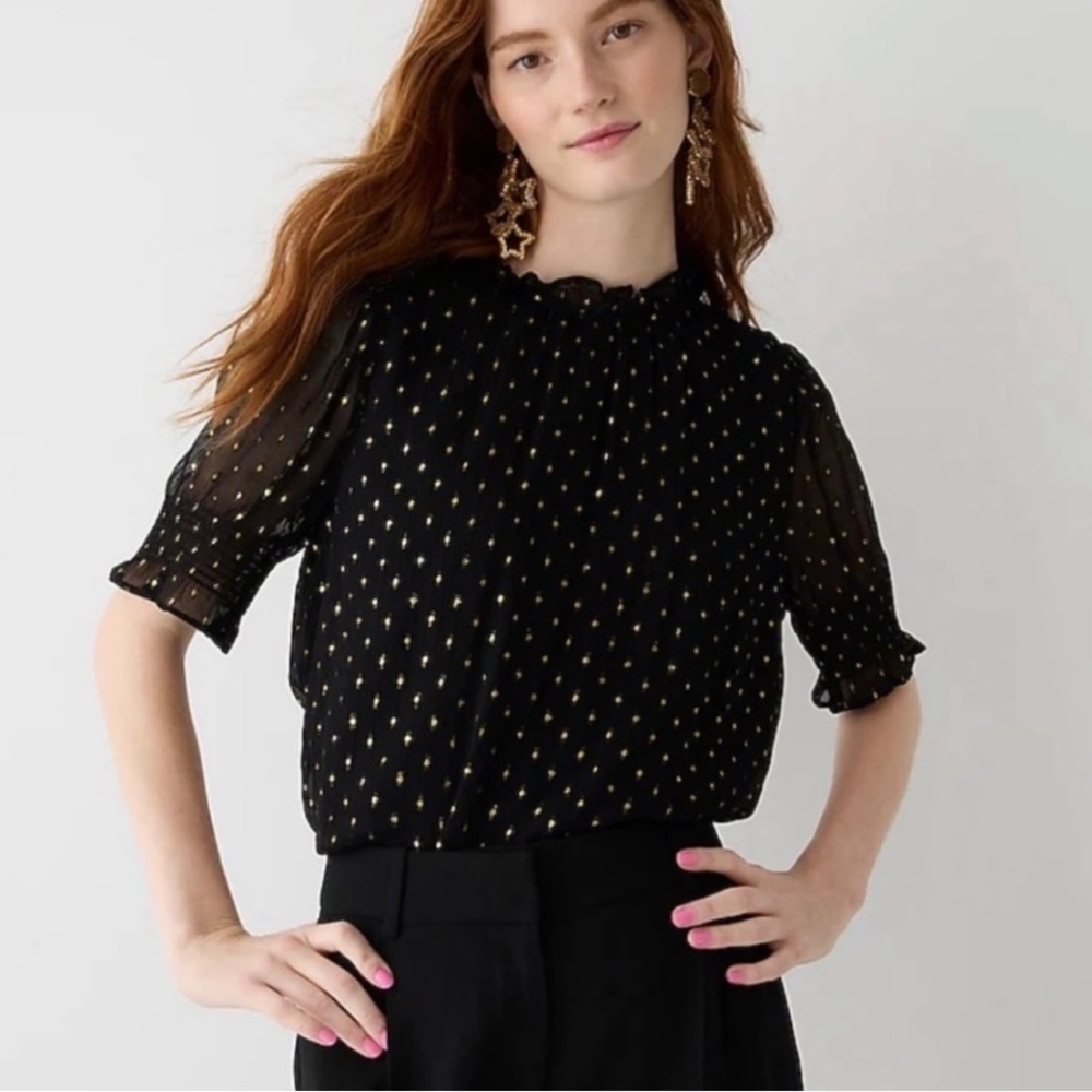 J. CREW•black gold clip dot smocked puff short sleeve chiffon top small NWT